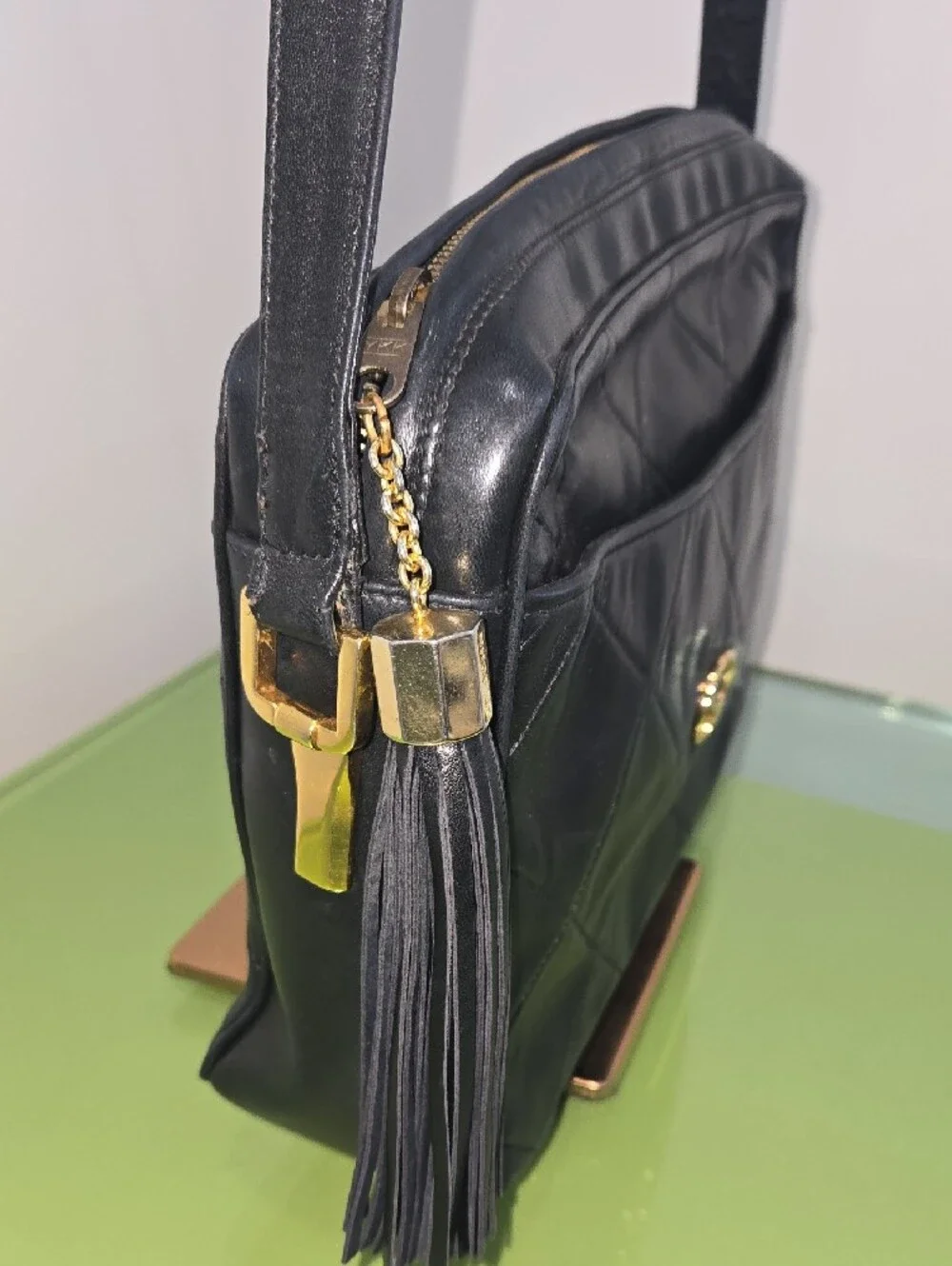 St. John Black Quilted Leather Crossbody Bag with Tassel